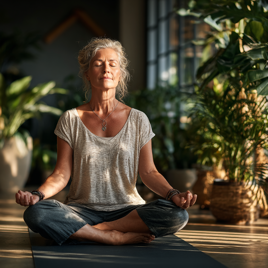 Mature woman in her late forties practicing yoga meditation pose in peaceful studio setting with natural lighting and plants